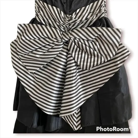 Vintage 1980s Gunne Sax formal prom dress strapless black white bow 3 - Picture 6 of 11